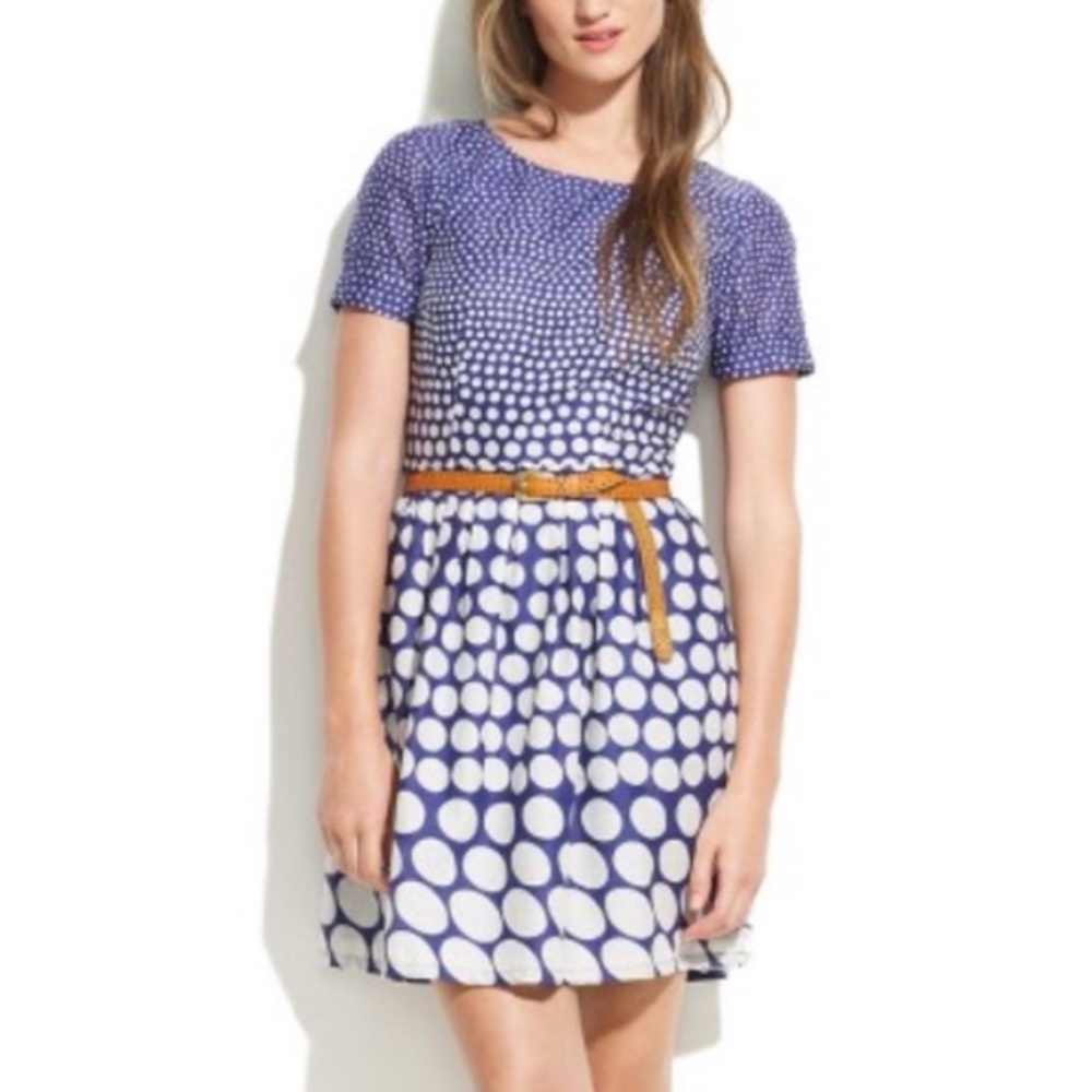 Blue and White Polka Dot Short Sleeve Dress with Tan Belt